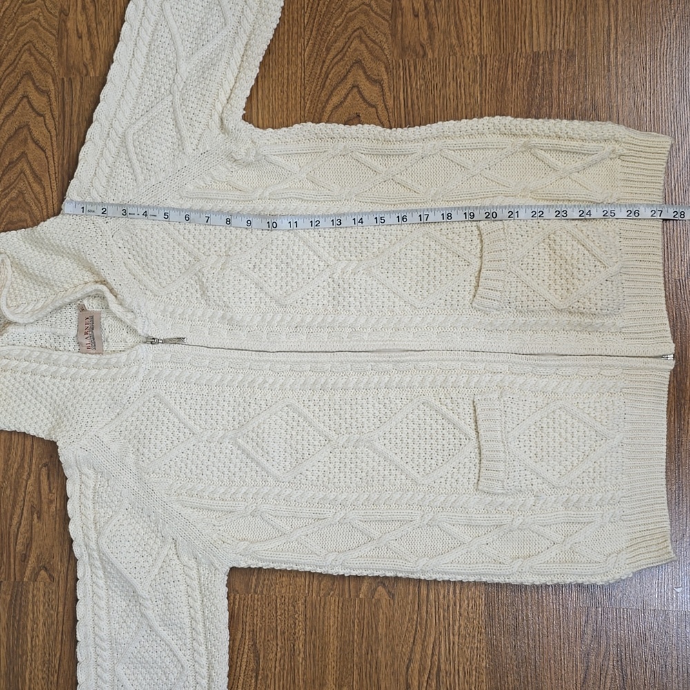 BLARNEY FISHERMAN CABLEKNIT ZIP CARDIGAN WITH HOOD 3/4 Sleeve 100% MERINO WOOL - Picture 5 of 9